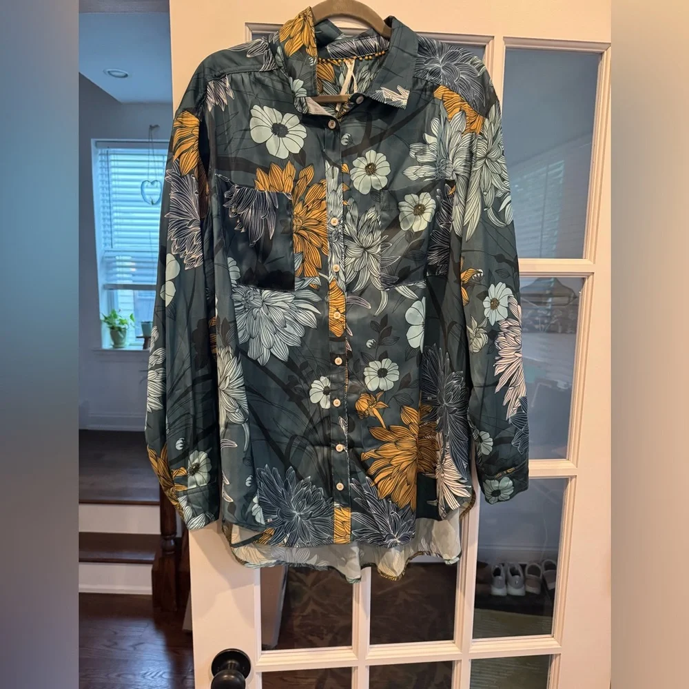 Anthropologie Briel Teal Floral Satin Button-Up Blouse with Mustard Accents XL - Picture 2 of 8